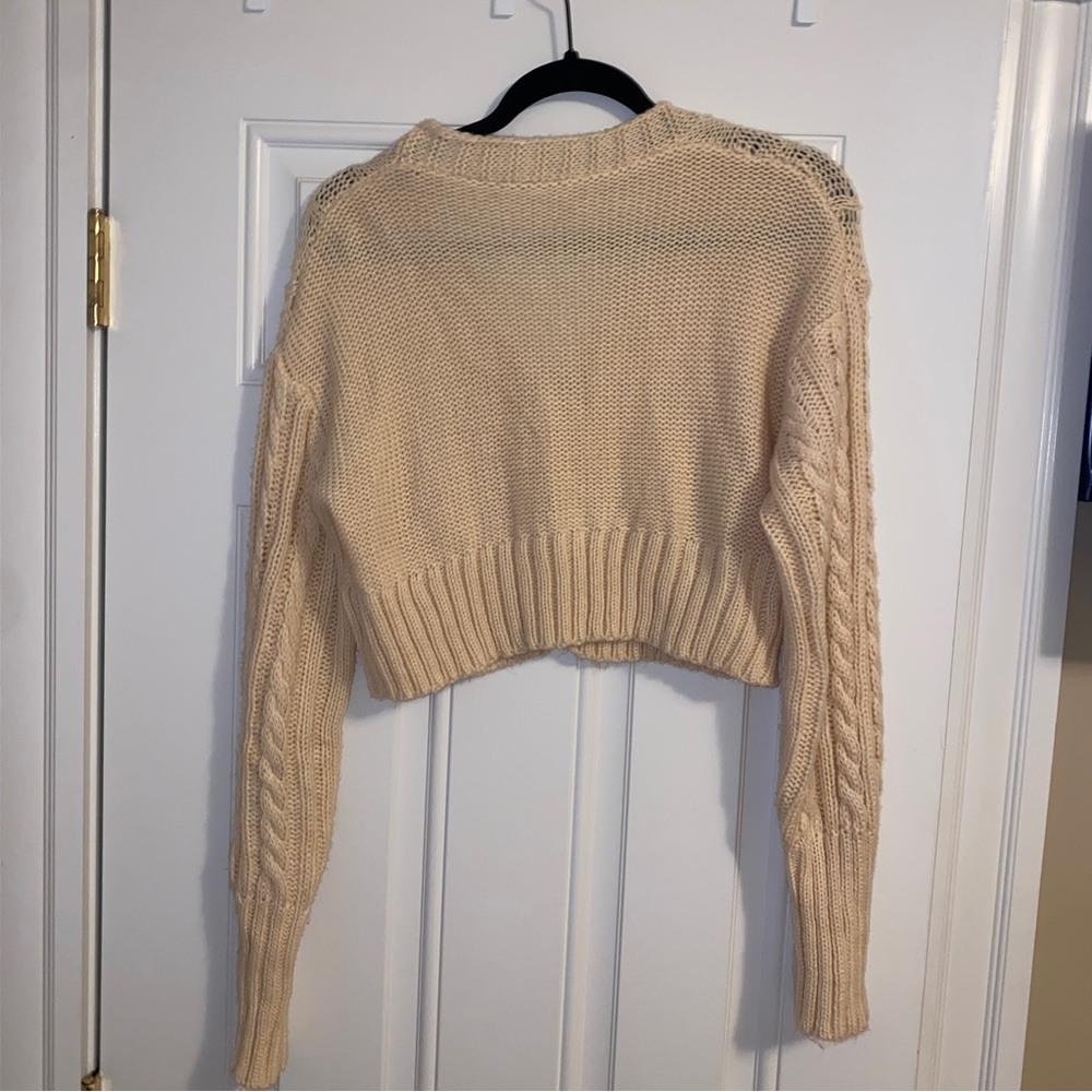 Amazon Cream Cable-Knit Cropped Cardigan with Tortoise Buttons - Picture 3 of 4